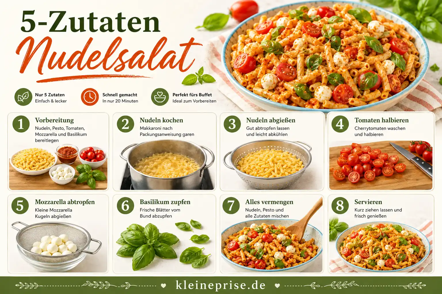 Schritt für Schritt Anleitung für 5 Zutaten Nudelsalat mit 8 einfachen Zubereitungsschritten
