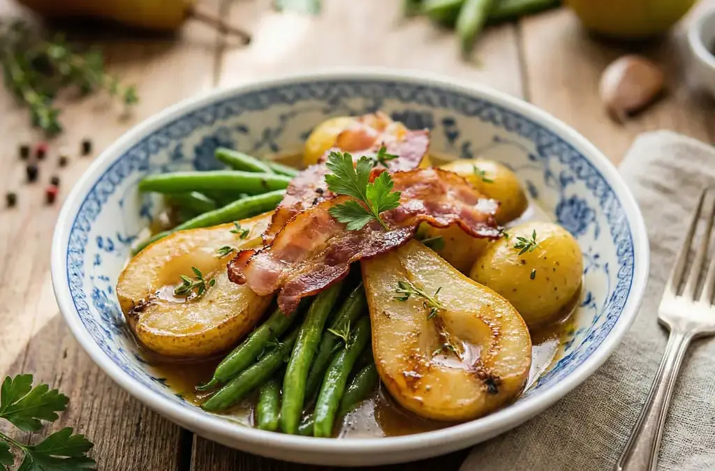 Rinderrouladen mit Rotkohl und Kartoffelklößen Birnen, Bohnen und Speck
