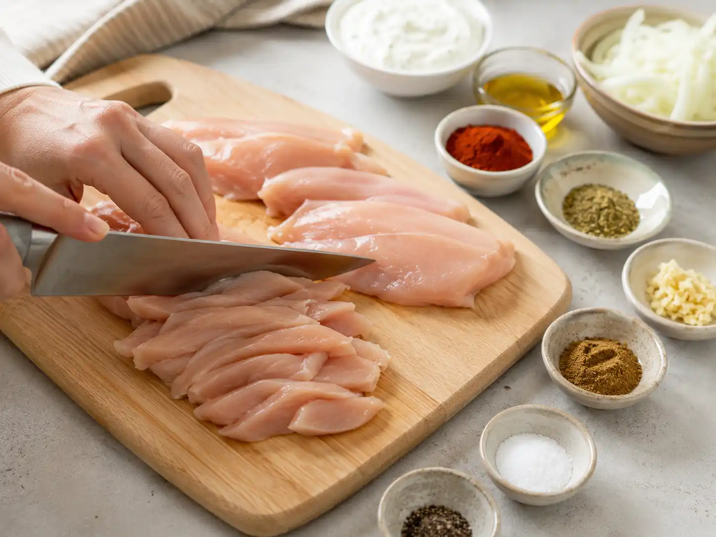 Welches Fleisch eignet sich für Dönerfleisch Hähnchenfleisch wird auf einem Schneidebrett in dünne Streifen für Dönerfleisch geschnitten