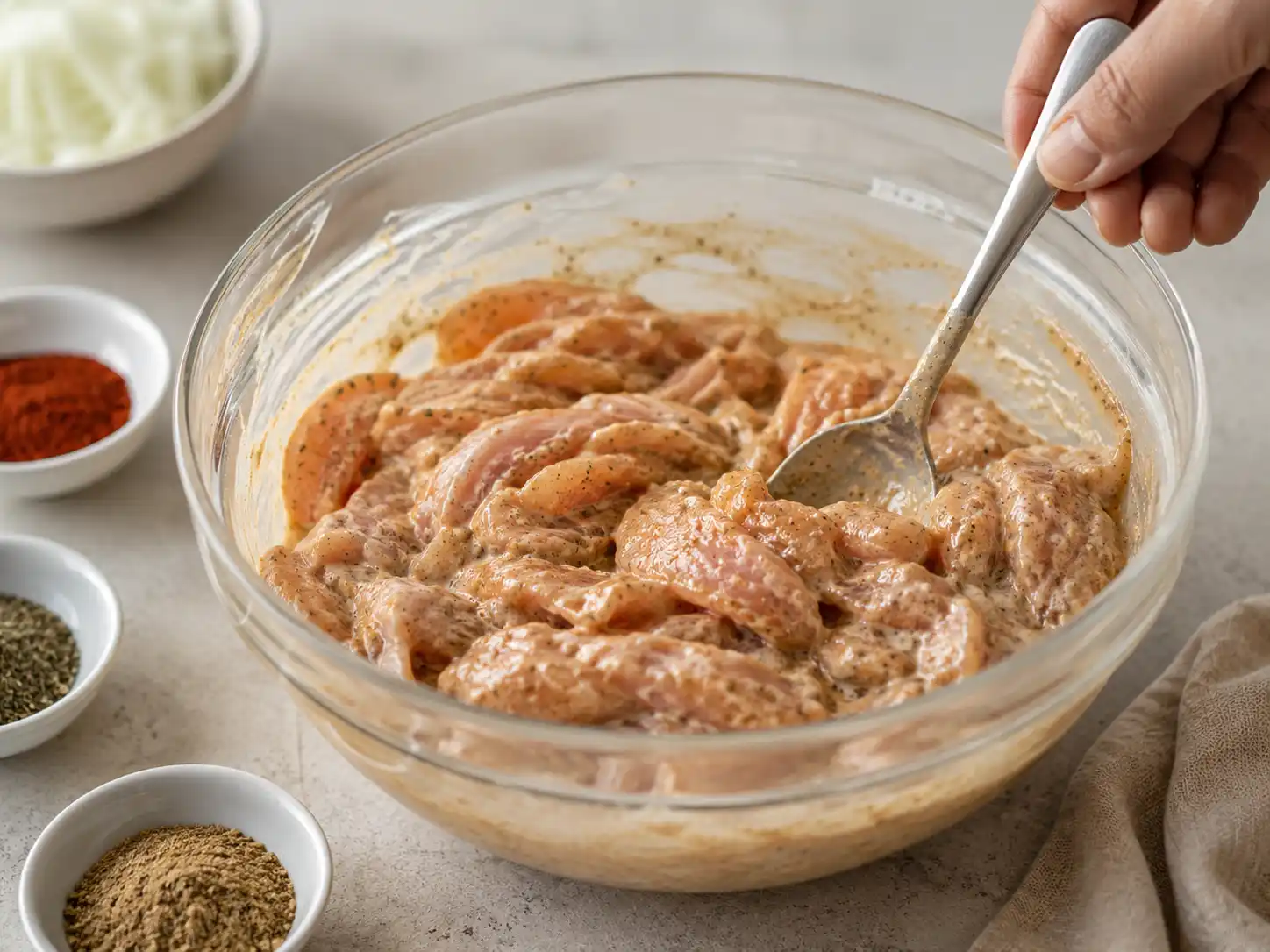 Die richtige Marinade für Dönerfleisch Dönerfleisch in cremiger Marinade mit Joghurt, Öl und Gewürzen in einer Glasschüssel
