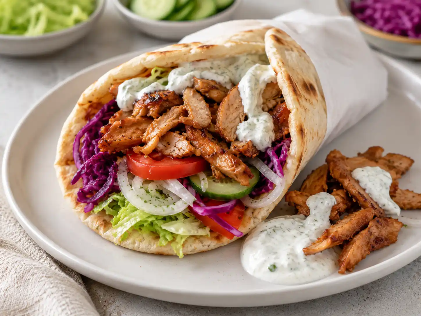 Welche Soße passt zu Dönerfleisch Gefüllter Döner mit Dönerfleisch, Salat, Rotkohl, Tomate, Gurke, Zwiebeln und cremiger Soße
