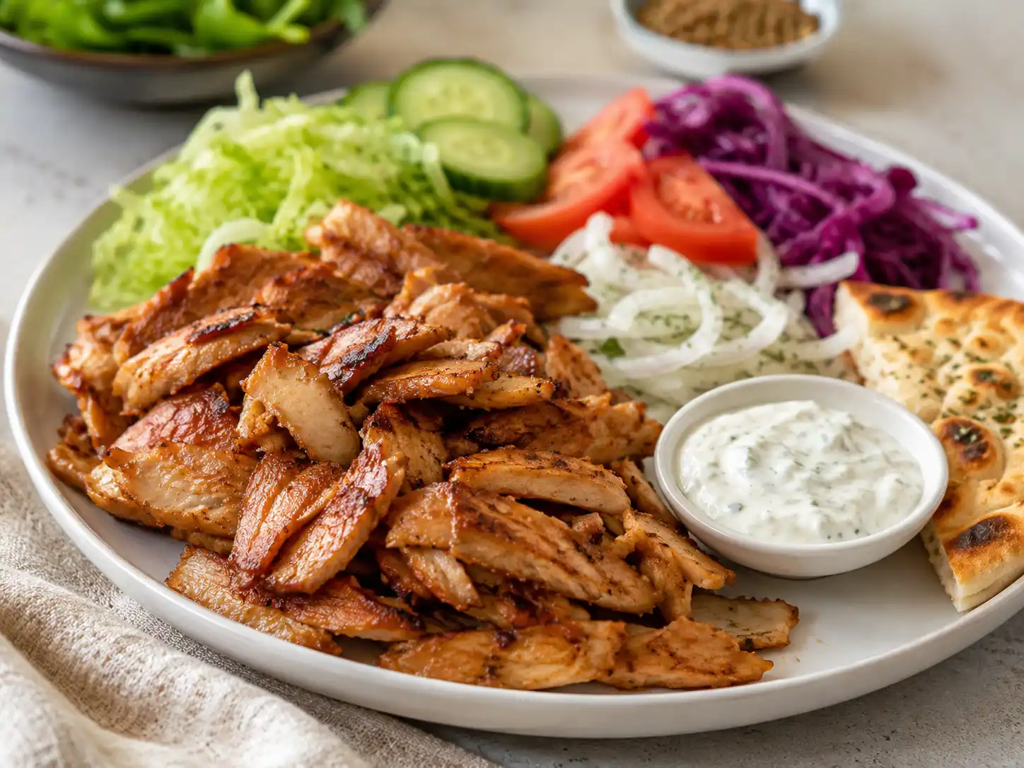 Was passt zu Dönerfleisch wie vom Imbiss Dönerfleisch wie vom Imbiss mit Salat, Gurke, Tomate, Rotkohl, Zwiebeln, Soße und Fladenbrot