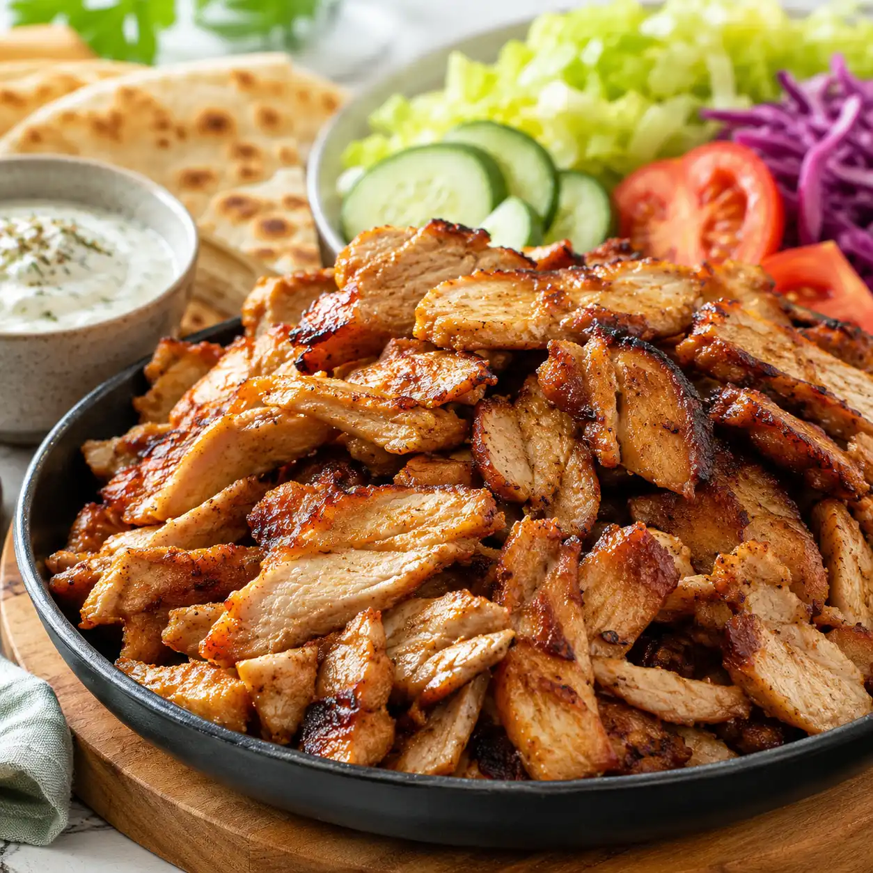 Dönerfleisch wie vom Imbiss Dönerfleisch wie vom Imbiss aus der Pfanne mit Soße, Fladenbrot und frischem Salat