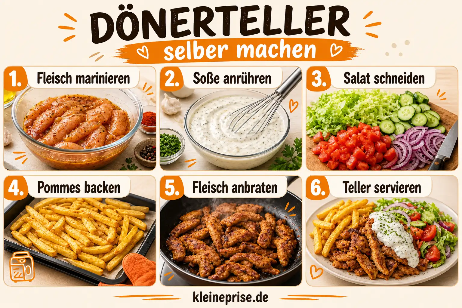 Dönerteller selber machen Schritt für Schritt Schritt für Schritt Anleitung für Dönerteller selber machen mit Fleisch marinieren, Soße anrühren, Salat schneiden, Pommes backen, Fleisch anbraten und Teller servieren