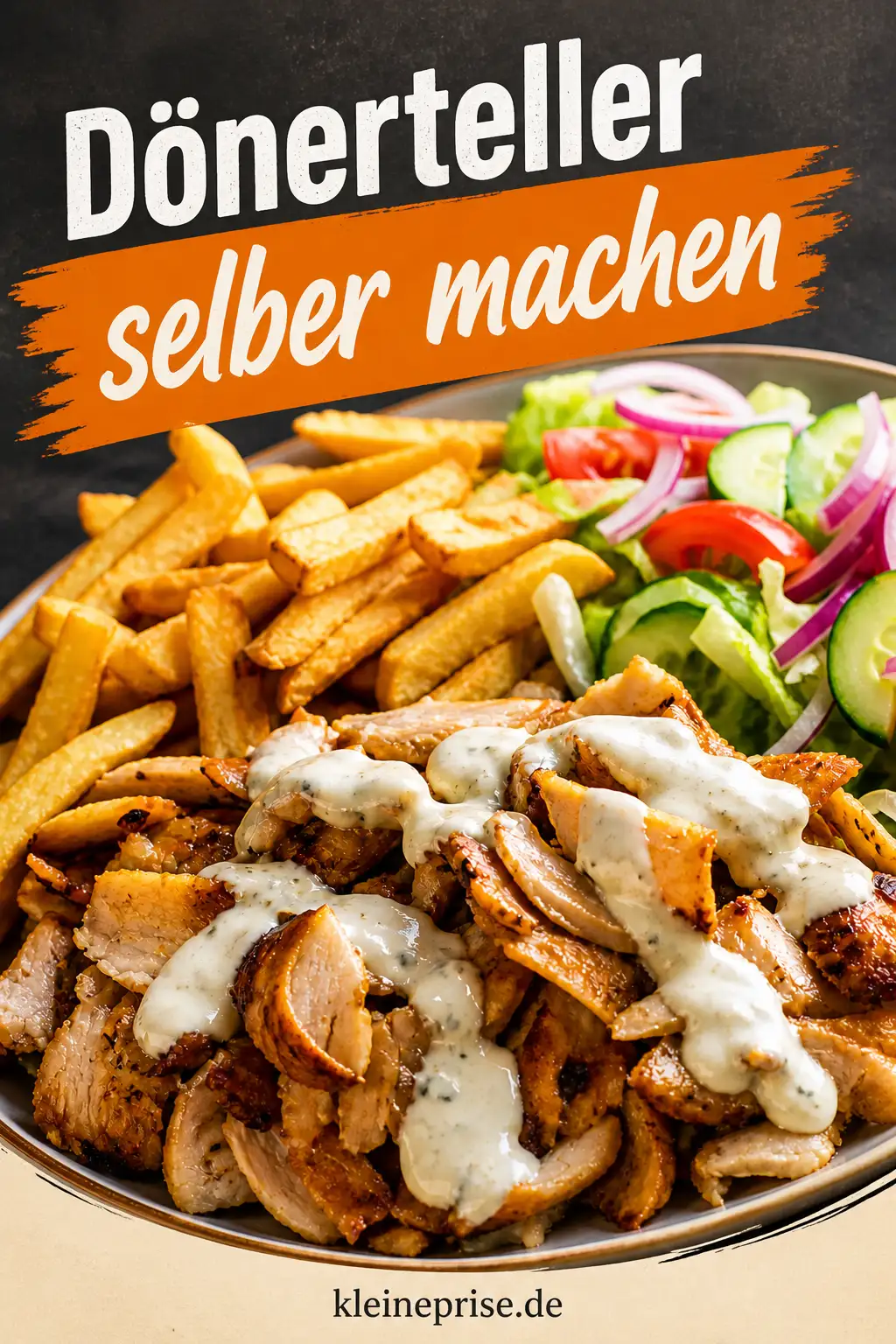 Pinterest: Dönerteller selber machen Pinterest: Bild zum Rezept Dönerteller selber machen mit Hähnchen, Pommes, Salat und Soße