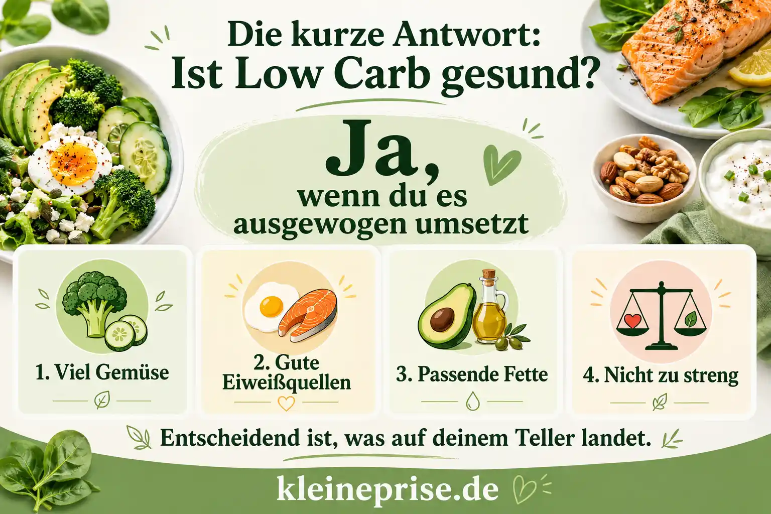 Die kurze Antwort ist Low Carb gesund Infografik mit der kurzen Antwort auf die Frage, ob Low Carb gesund ist: Ja, wenn es ausgewogen umgesetzt wird mit Gemüse, Eiweißquellen, passenden Fetten und ohne zu strenge Regeln.