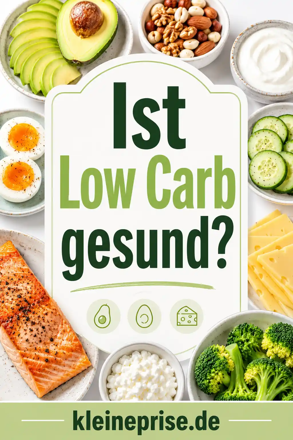 Ist Low Carb gesund Pinterest Grafik Pinterest-Grafik zu „Ist Low Carb gesund?“ mit auffälligem Schriftzug, hellen Farben und Low-Carb-Lebensmitteln wie Lachs, Avocado, Ei, Gemüse, Nüssen und Quark.