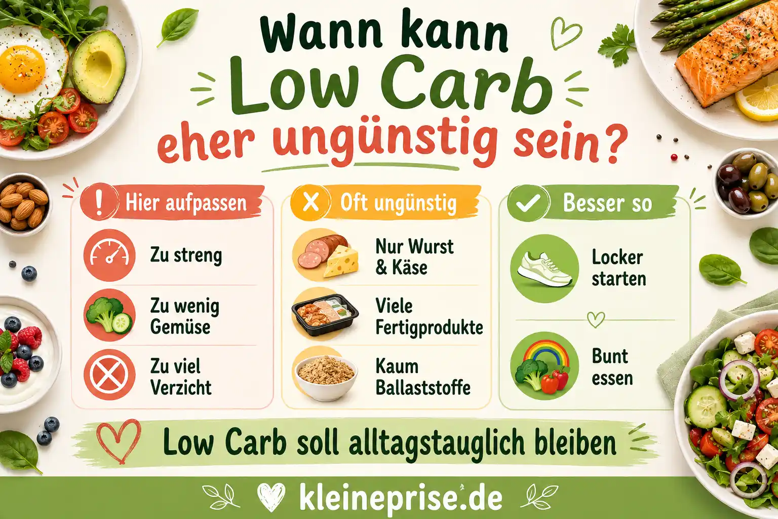 Wann kann Low Carb eher ungünstig sein Infografik zeigt typische Fehler bei Low Carb: zu streng starten, kaum Gemüse essen, zu einseitig essen, zu viele Fertigprodukte nutzen und zu viel Verzicht.