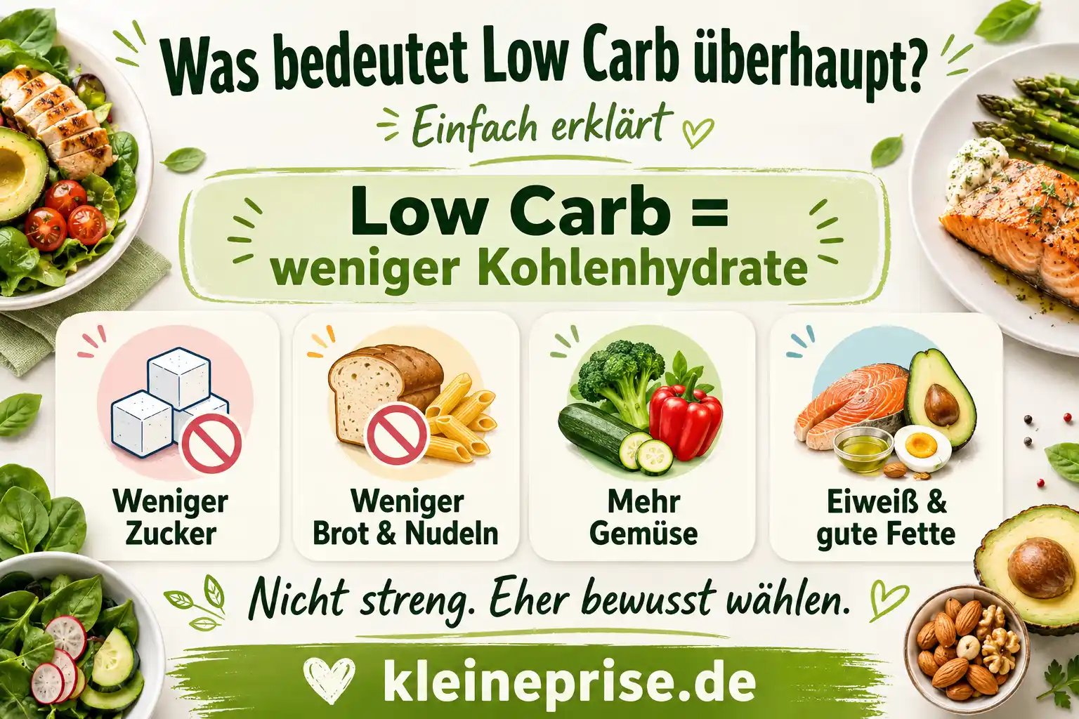 Was bedeutet Low Carb überhaupt einfach erklärt Infografik erklärt einfach, was Low Carb bedeutet: weniger Kohlenhydrate im Alltag, weniger Zucker, weniger Brot und Nudeln, mehr Gemüse, Eiweiß und gute Fette.