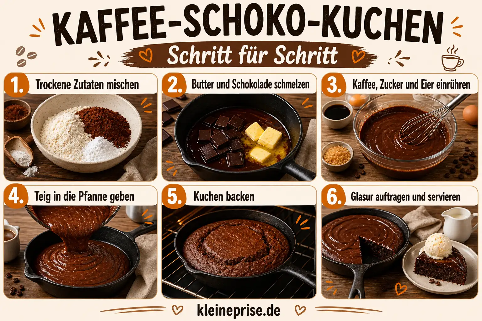 Kaffee Schoko Kuchen Schritt für Schritt Anleitung Schritt für Schritt Anleitung für Kaffee Schoko Kuchen mit 6 Bildern von den Zutaten bis zum fertigen Kuchen
