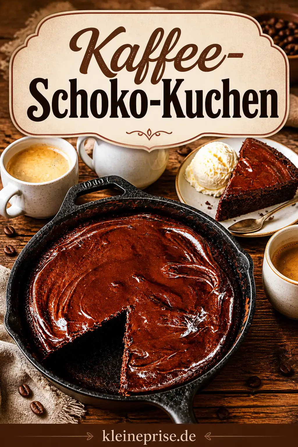 Pinterest: Kaffee Schoko Kuchen Pinterest: Bild zum Rezept Kaffee Schoko Kuchen mit großem Text, Schokoladenkuchen in der Pfanne
