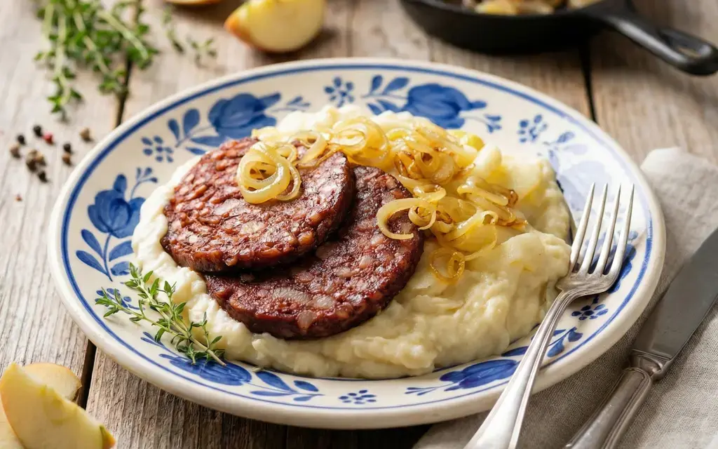 Kartoffelpüree mit Äpfeln und Blutwurst