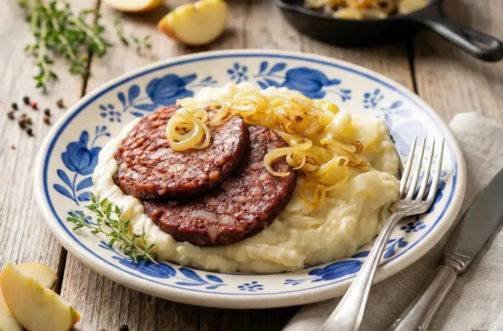 Töttchen Kartoffelpüree mit Äpfeln und Blutwurst