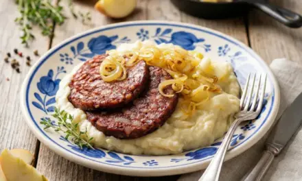 Kartoffelpüree mit Äpfeln und Blutwurst