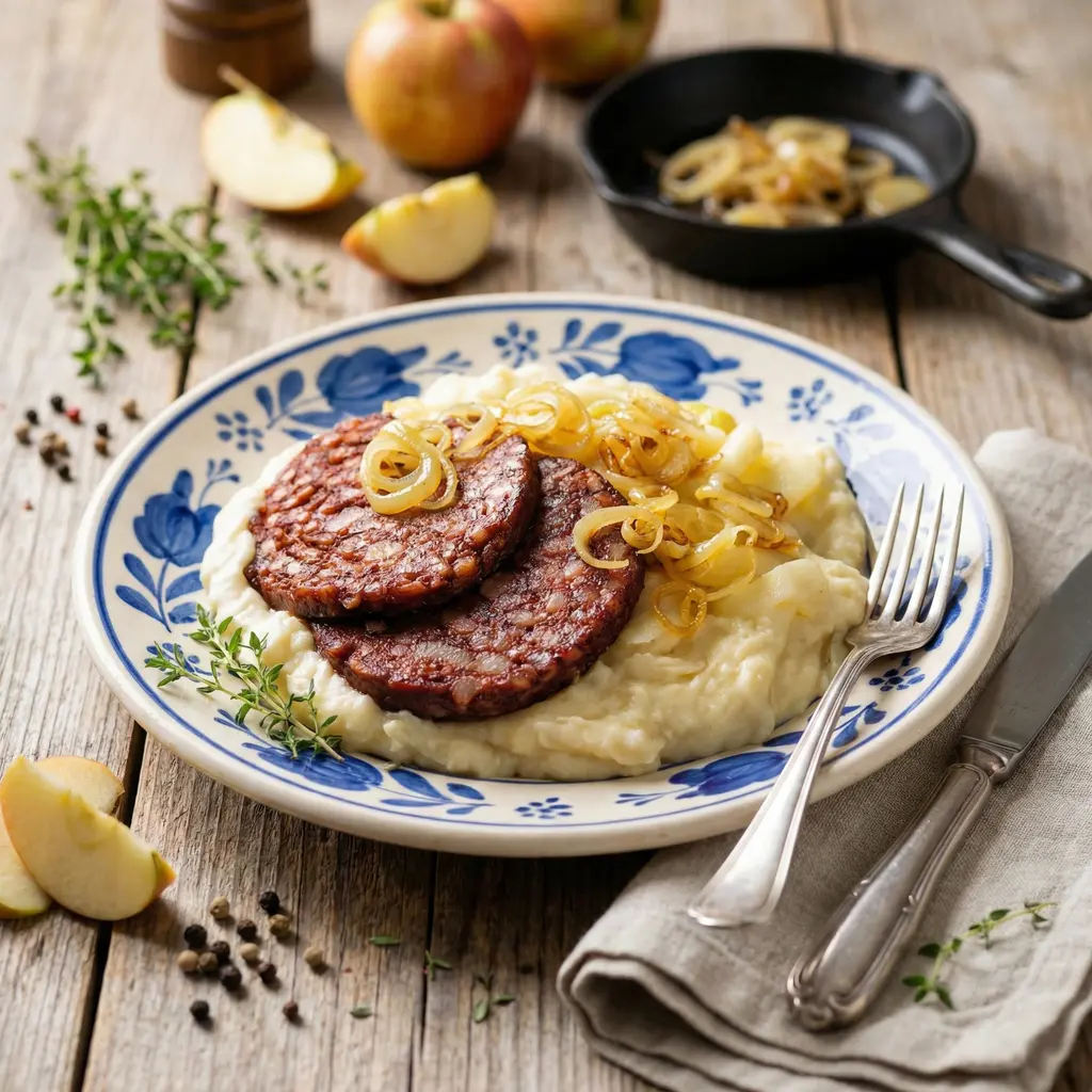 Kartoffelpüree mit Äpfeln und Blutwurst