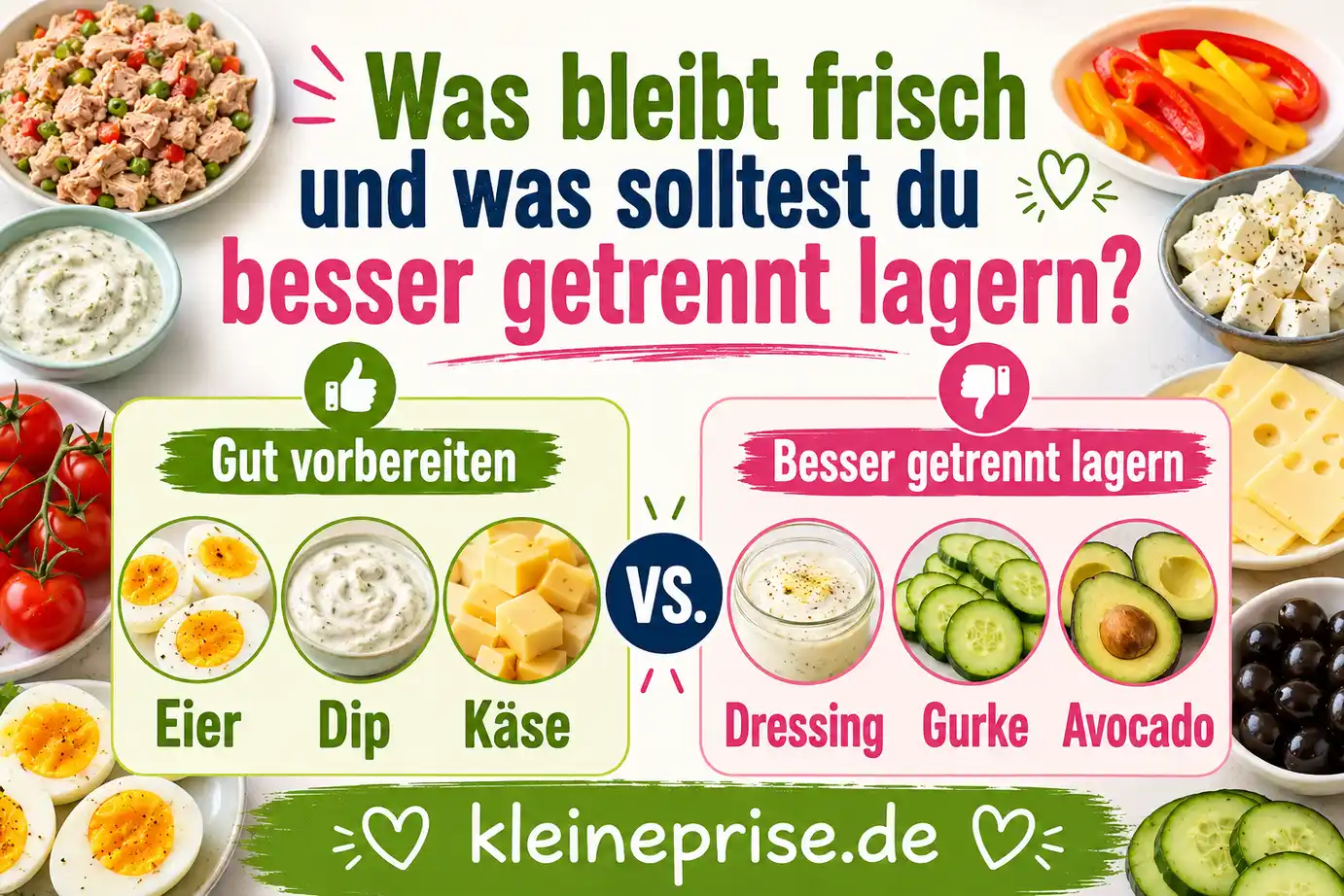 Was bleibt frisch und was solltest du getrennt lagern Infografik zur Lagerung von Low Carb Abendessen ohne Kochen mit gut vorbereiten und besser getrennt lagern