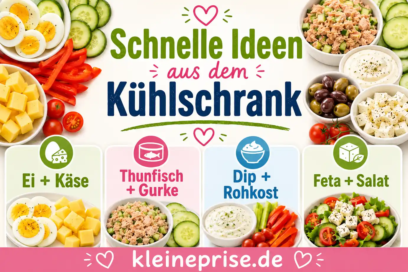 Schnelle Ideen aus dem Kühlschrank Infografik mit schnellen Low Carb Ideen aus dem Kühlschrank wie Ei mit Käse, Thunfisch mit Gurke, Dip mit Rohkost und Feta mit Salat