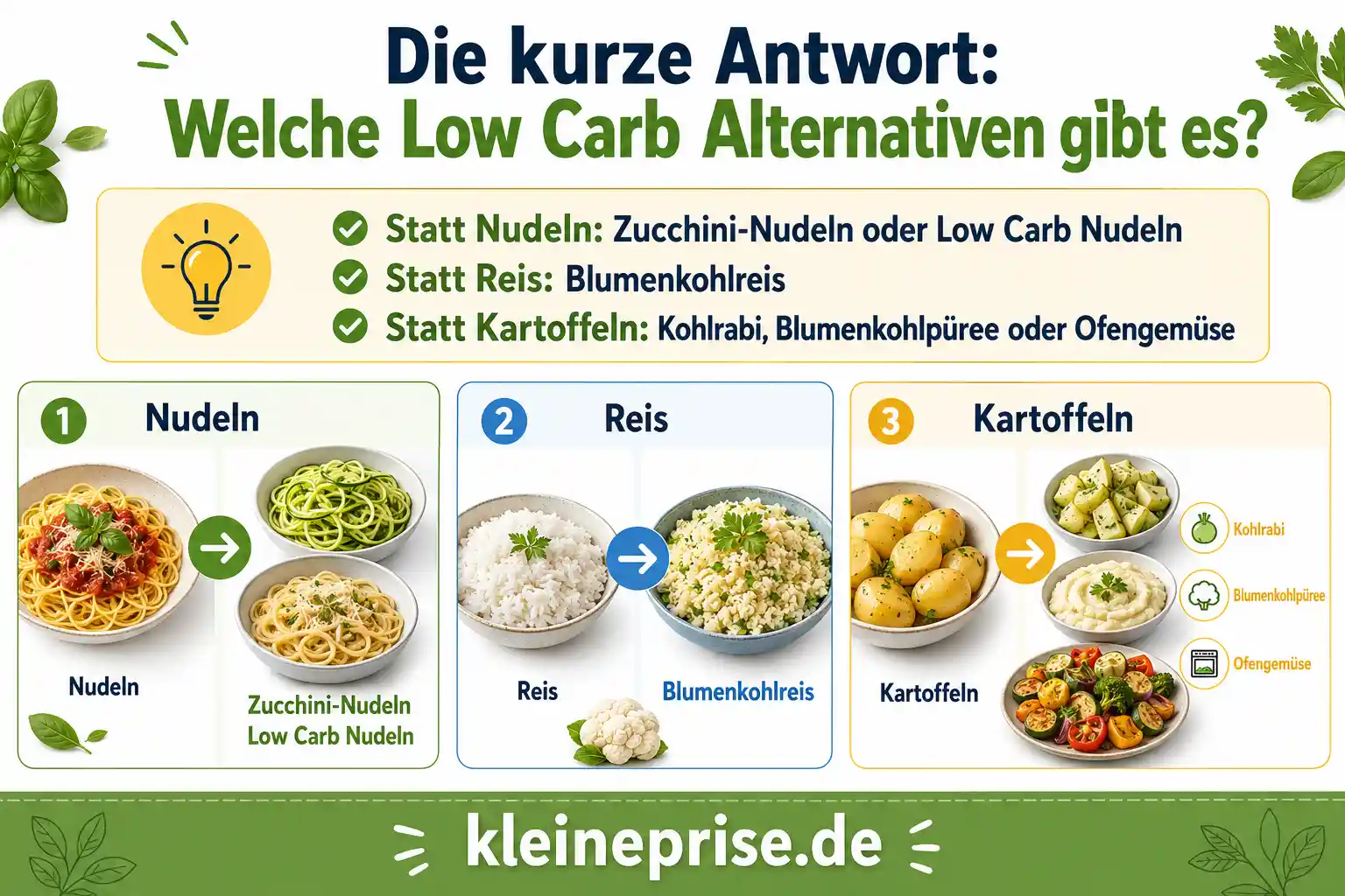 Welche Low Carb Alternativen gibt es? Infografik zeigt einfache Low Carb Alternativen zu Nudeln, Reis und Kartoffeln mit Zucchini-Nudeln, Blumenkohlreis, Kohlrabi, Blumenkohlpüree und Ofengemüse.