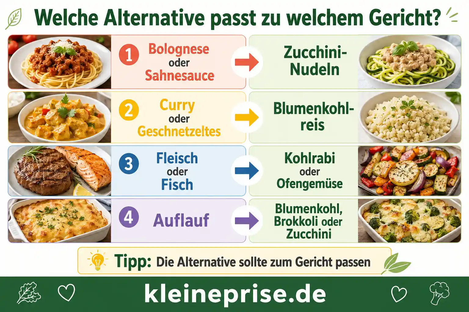 Welche Low Carb Alternative passt zu welchem Gericht? Infografik zeigt, welche Low Carb Alternative zu welchem Gericht passt, zum Beispiel Zucchini-Nudeln zu Bolognese, Blumenkohlreis zu Curry und Kohlrabi zu Fleisch oder Fisch.
