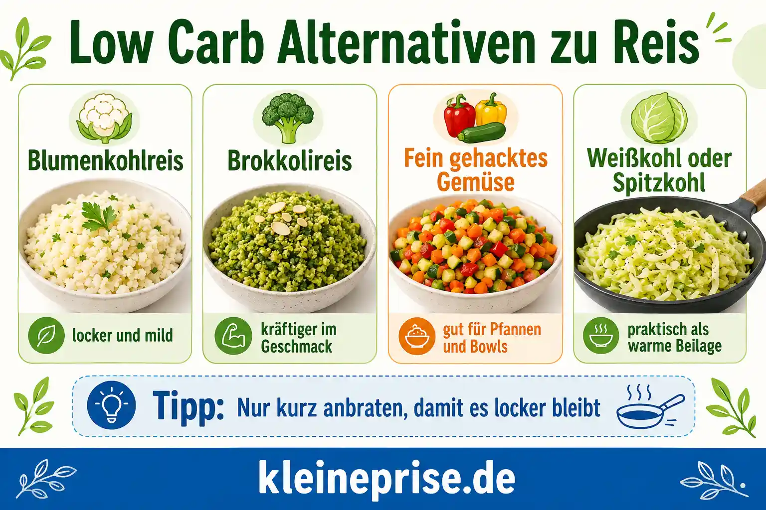 Low Carb Alternativen zu Reis Infografik zeigt Low Carb Alternativen zu Reis wie Blumenkohlreis, Brokkolireis, fein gehacktes Gemüse, Weißkohl und Spitzkohl.