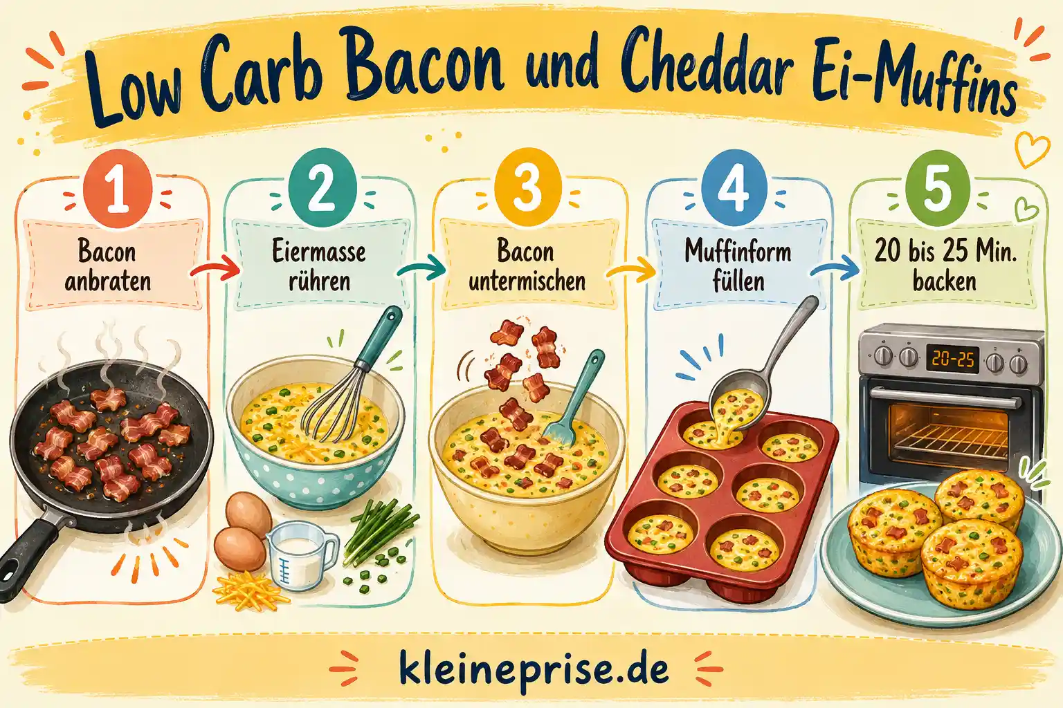 Low Carb Bacon und Cheddar Ei Muffins Schritt für Schritt Schritt für Schritt Anleitung für Low Carb Bacon und Cheddar Ei Muffins mit fünf Zubereitungsschritten