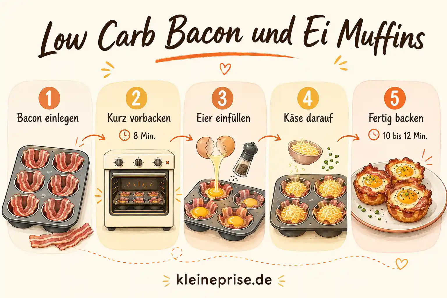 Low Carb Bacon und Ei Muffins Schritt für Schritt Schritt für Schritt Anleitung für Low Carb Bacon und Ei Muffins mit fünf Zubereitungsschritten