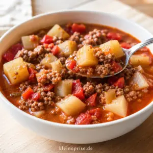 Low Carb Bauerntopf mit Hackfleisch und Kohlrabi Low Carb Bauerntopf mit Hackfleisch, Kohlrabi, Paprika und Tomatensauce in einer weißen Schale