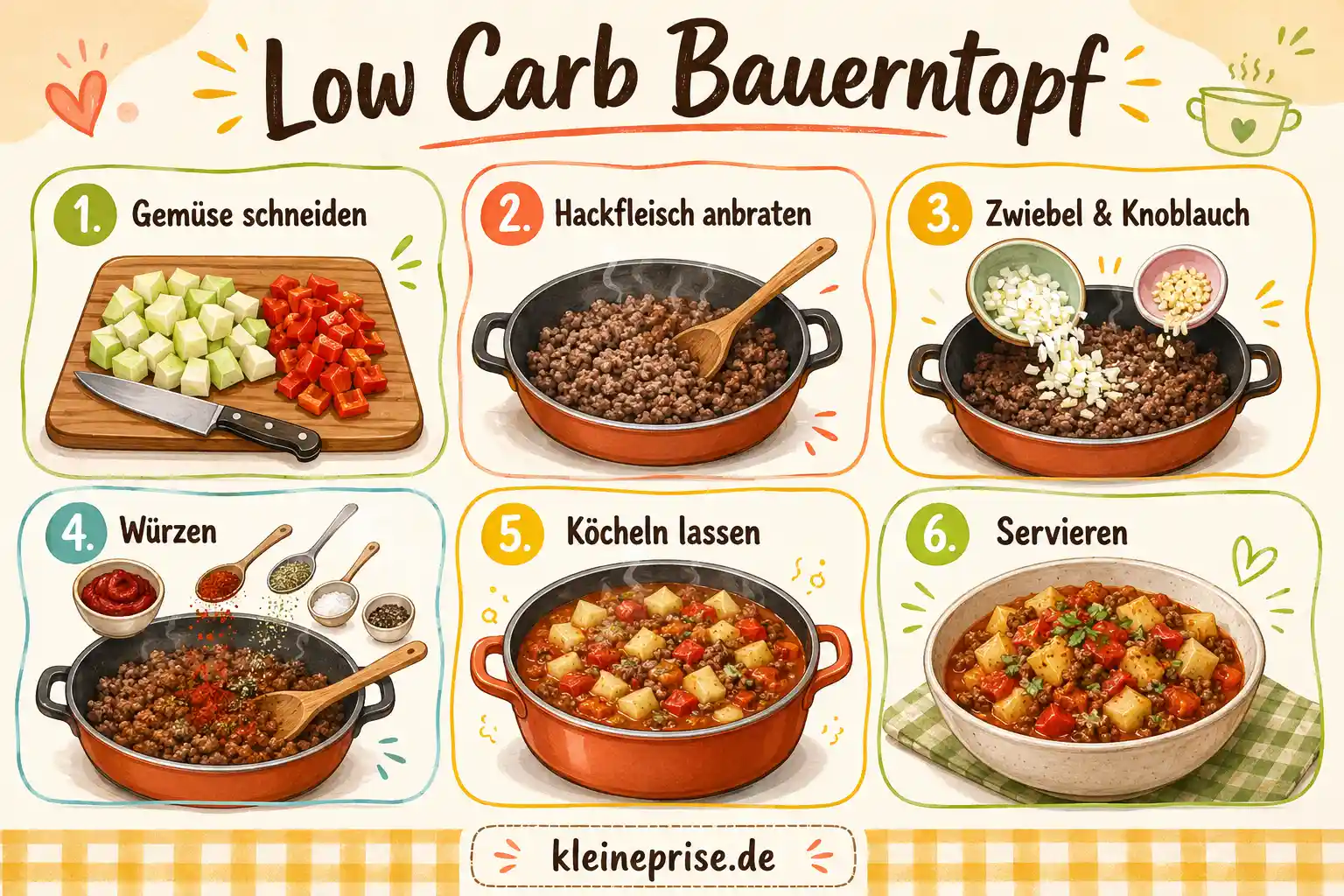Low Carb Bauerntopf Schritt für Schritt Anleitung Schritt für Schritt Grafik für Low Carb Bauerntopf mit Gemüse schneiden, Hackfleisch anbraten, würzen, köcheln und servieren