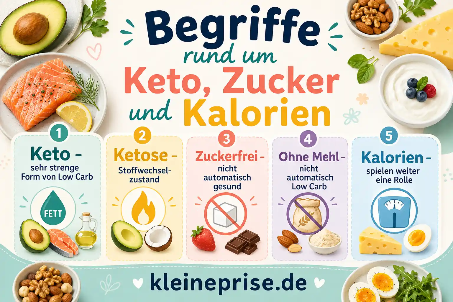 Begriffe rund um Keto Zucker und Kalorien Infografik erklärt Low Carb Begriffe rund um Keto, Ketose, Zuckerfrei, Ohne Mehl und Kalorien.