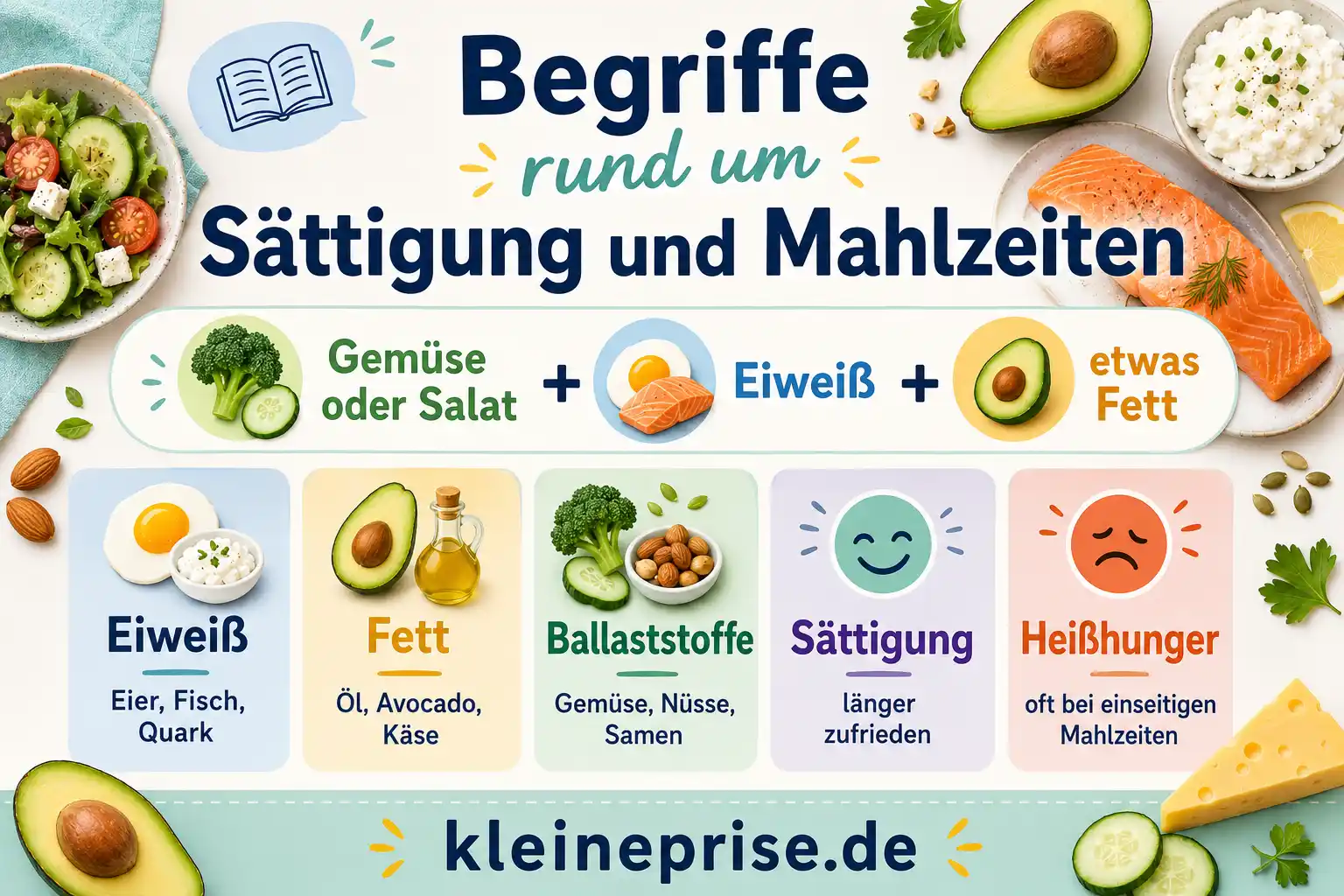 Begriffe rund um Sättigung und Mahlzeiten Infografik erklärt Begriffe rund um Sättigung und Mahlzeiten bei Low Carb, darunter Eiweiß, Fett, Ballaststoffe, Sättigung und Heißhunger.