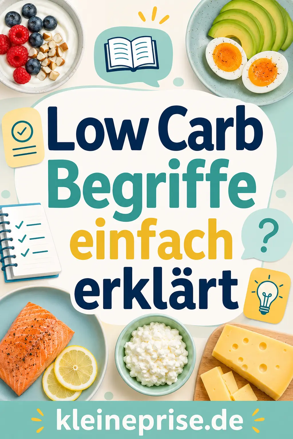 Low Carb Begriffe einfach erklärt Pinterest Pin Pinterest-Grafik mit dem Schriftzug Low Carb Begriffe einfach erklärt, Low-Carb-Lebensmitteln und Symbolen für Wissen, Fragen und einfache Erklärungen.