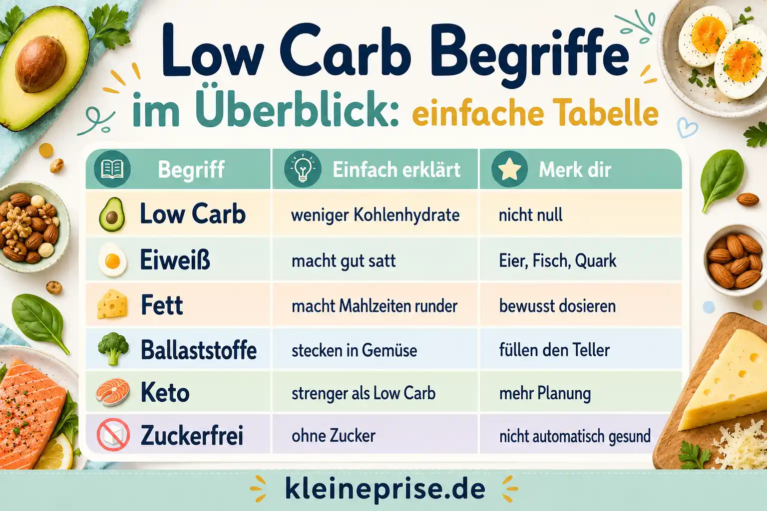 Low Carb Begriffe im Überblick einfache Tabelle Infografik zeigt eine einfache Tabelle mit Low Carb Begriffen wie Low Carb, Eiweiß, Fett, Ballaststoffe, Keto und Zuckerfrei.