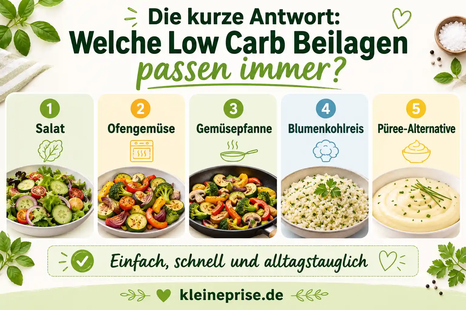 Welche Low Carb Beilagen passen immer? Infografik zeigt fünf einfache Low Carb Beilagen, die immer passen: Salat, Ofengemüse, Gemüsepfanne, Blumenkohlreis und Püree-Alternative.