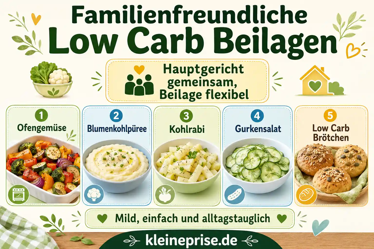 Familienfreundliche Low Carb Beilagen Infografik zeigt familienfreundliche Low Carb Beilagen wie Ofengemüse, Blumenkohlpüree, Kohlrabi, Gurkensalat und Low Carb Brötchen.