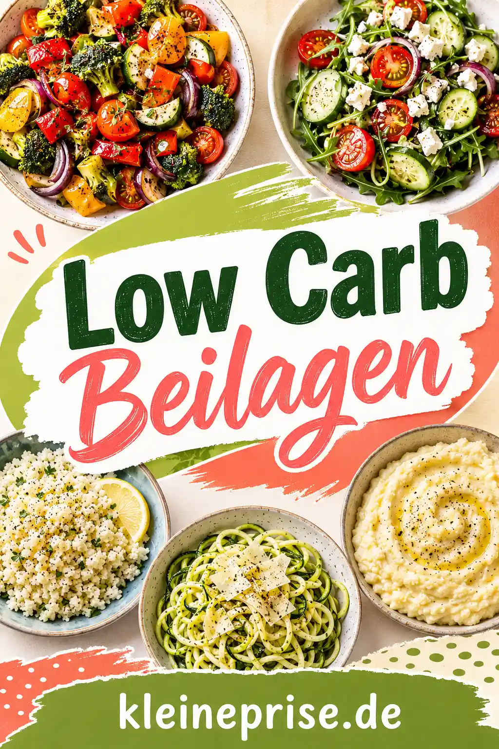 Low Carb Beilagen Pinterest Pin Pinterest-Grafik mit dem Schriftzug Low Carb Beilagen, verschiedenen Low-Carb-Beilagen und dem Webseitennamen kleineprise.de.