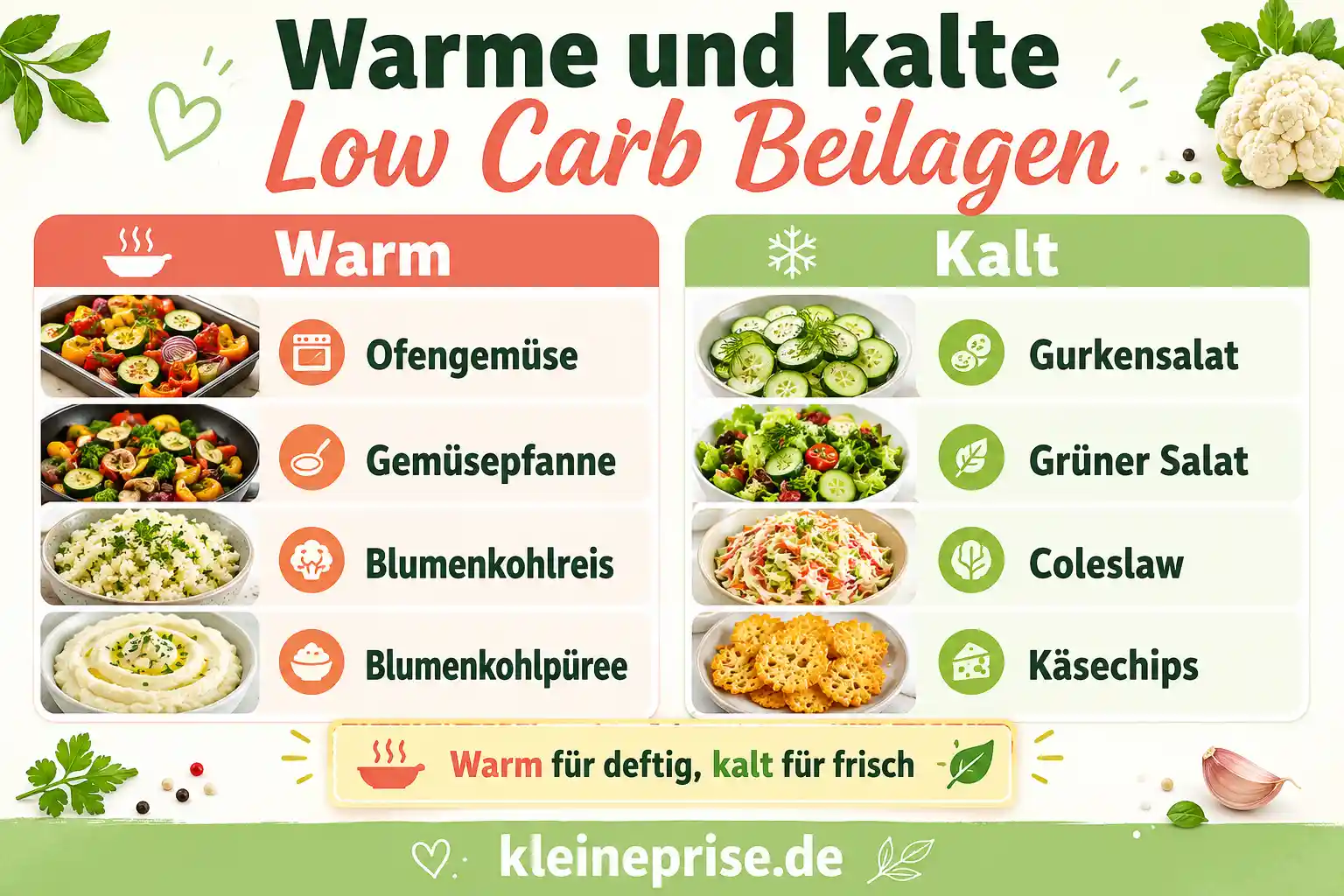 Warme und kalte Low Carb Beilagen Infografik vergleicht warme und kalte Low Carb Beilagen wie Ofengemüse, Gemüsepfanne, Blumenkohlreis, Blumenkohlpüree, Gurkensalat, grüner Salat, Coleslaw und Käsechips.