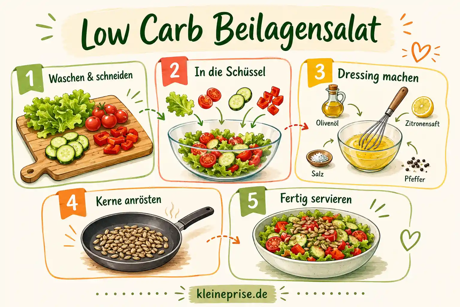 Low Carb Beilagensalat Schritt für Schritt Schritt für Schritt Anleitung für Low Carb Beilagensalat mit Gemüse vorbereiten, Salat mischen, Dressing anrühren und Sonnenblumenkerne rösten