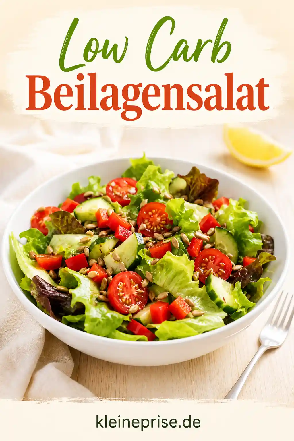 Low Carb Beilagensalat Rezept Pinterest Grafik zum Rezept Low Carb Beilagensalat mit frischem Salat, Tomaten, Gurke, Paprika und Sonnenblumenkernen