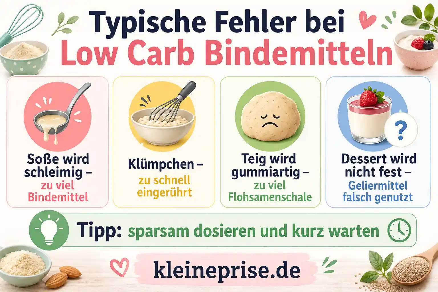 Typische Fehler bei Low Carb Bindemitteln Infografik zeigt typische Fehler bei Low Carb Bindemitteln, zum Beispiel schleimige Soße durch zu viel Bindemittel, Klümpchen durch zu schnelles Einrühren, gummiartigen Teig durch zu viele Flohsamenschalen und Dessert, das nicht fest wird.