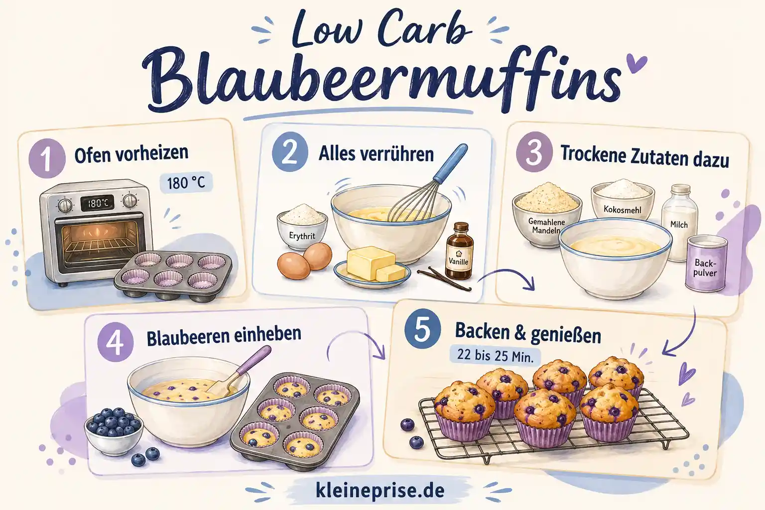 Low Carb Blaubeermuffins Schritt für Schritt Schritt für Schritt Anleitung für Low Carb Blaubeermuffins mit fünf Zubereitungsschritten