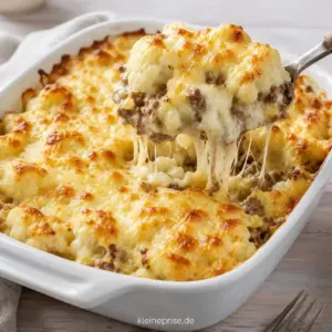 Low Carb Blumenkohl-Hack-Auflauf einfach und cremig Low Carb Blumenkohl Hack Auflauf mit Hackfleisch, Blumenkohl und goldbraunem Käse in einer Auflaufform