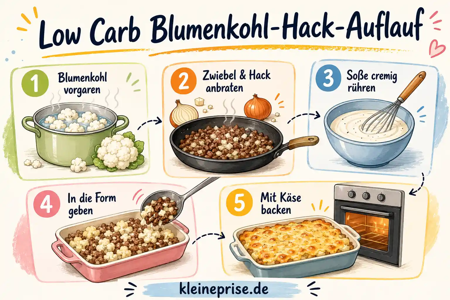 Low Carb Blumenkohl Hack Auflauf Schritt für Schritt Schritt für Schritt Grafik für Low Carb Blumenkohl Hack Auflauf mit Blumenkohl vorgaren, Hackfleisch anbraten, Soße rühren und backen