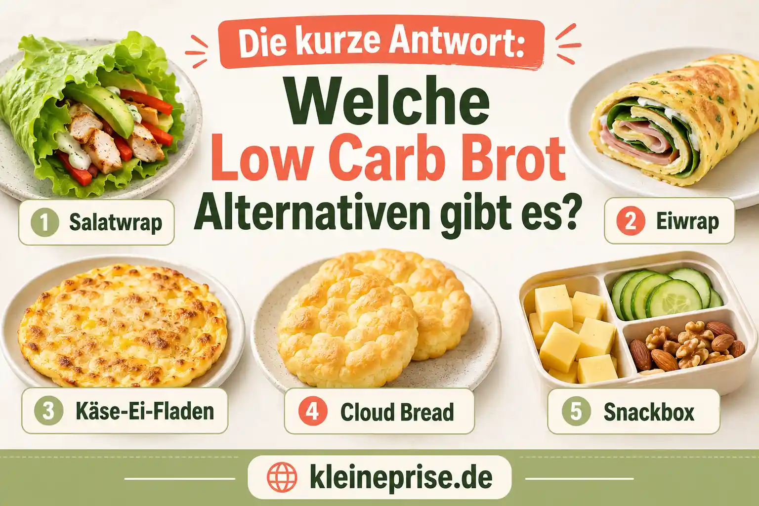 Die kurze Antwort: Welche Low Carb Brot Alternativen gibt es? Infografik erklärt, welche Low Carb Brot Alternativen es gibt, zum Beispiel Salatwrap, Eiwrap, Käse-Ei-Fladen, Cloud Bread und Snackbox.