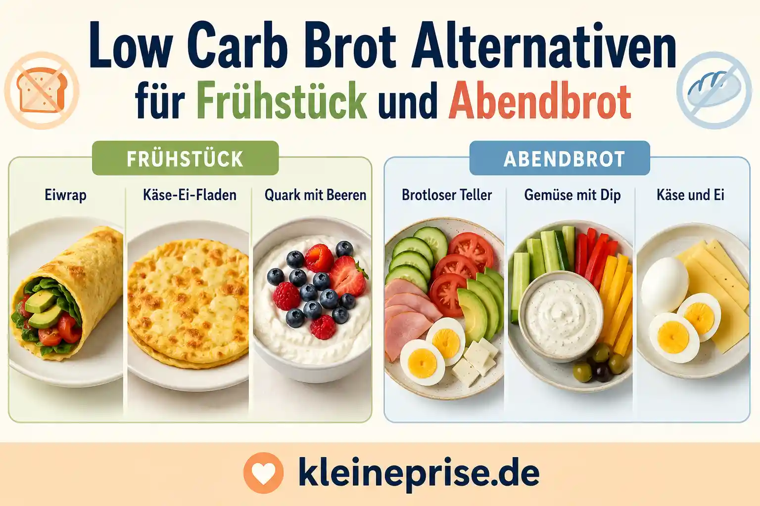 Low Carb Brot Alternativen für Frühstück und Abendbrot Infografik zeigt Low Carb Brot Alternativen für Frühstück und Abendbrot mit Eiwrap, Käse-Ei-Fladen, Quark mit Beeren, brotlosem Teller, Gemüse mit Dip sowie Käse und Ei.