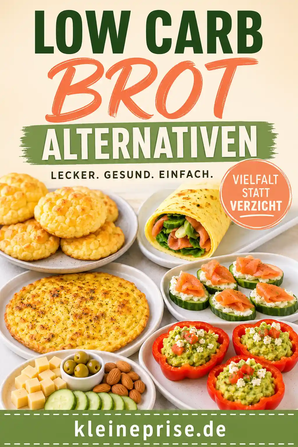 Low Carb Brot Alternativen Pinterest Pin Pinterest-Grafik mit dem Schriftzug Low Carb Brot Alternativen und verschiedenen Ideen wie Cloud Bread, Eiwrap, Käse-Ei-Fladen, Gemüse-Unterlagen und Snackbox.