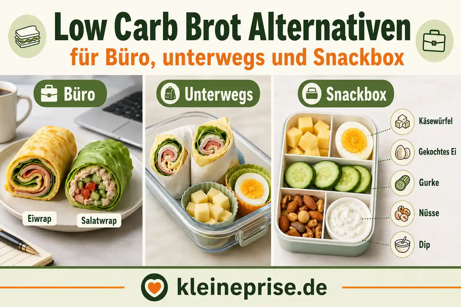 Low Carb Brot Alternativen für Büro, unterwegs und Snackbox Infografik zeigt Low Carb Brot Alternativen für Büro, unterwegs und Snackbox mit Eiwrap, Salatwrap, Käsewürfeln, gekochtem Ei, Gurke, Nüssen und Dip.
