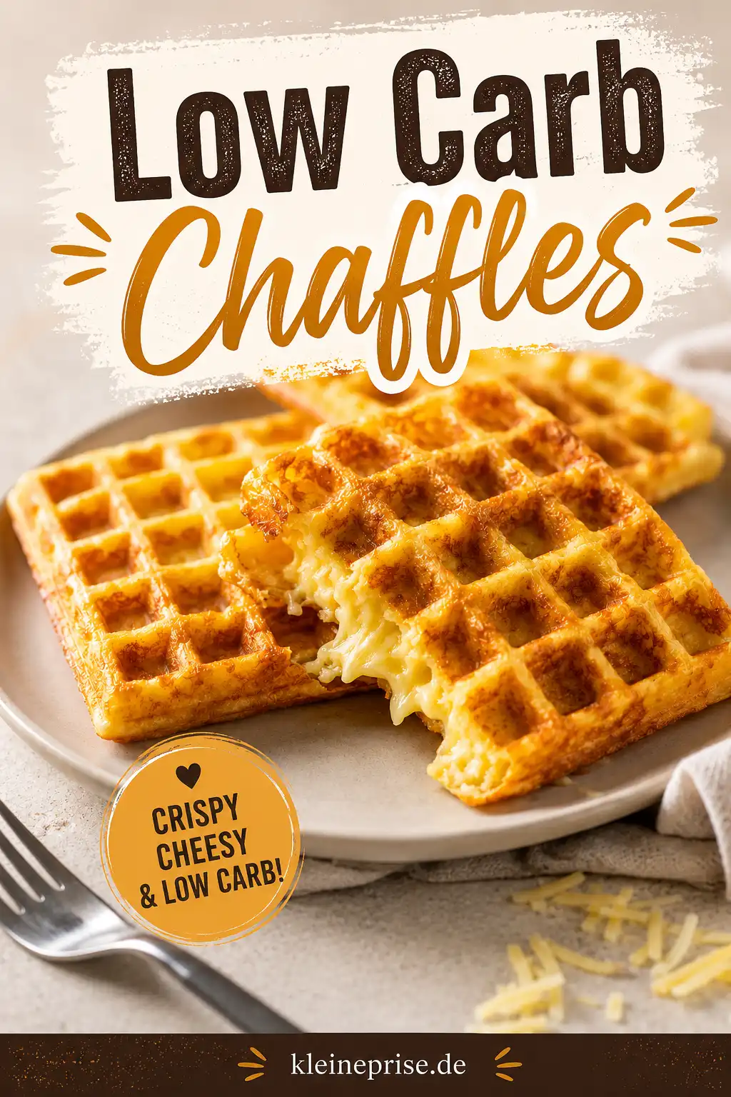 Low Carb Chaffles Rezept merken Low Carb Chaffles Rezept als Pinterest Bild mit goldbraunen Käsewaffeln