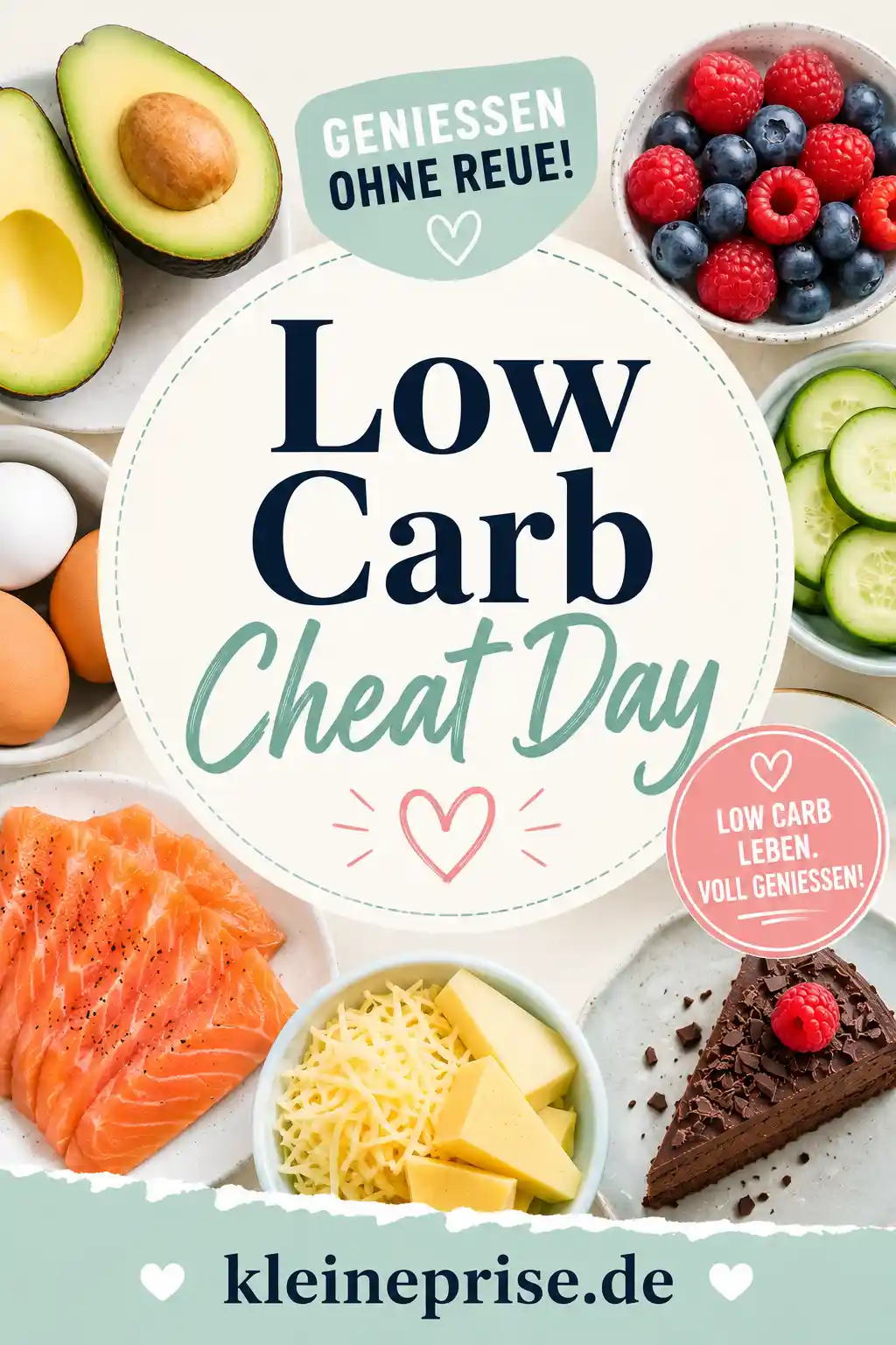 Low Carb Cheat Day Pinterest Pin Pinterest-Grafik mit dem Schriftzug Low Carb Cheat Day, passenden Lebensmitteln und dem Webseitennamen kleineprise.de.