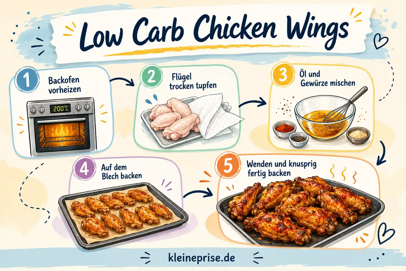 Low Carb Chicken Wings Schritt für Schritt Anleitung Schritt für Schritt Grafik für Low Carb Chicken Wings mit fünf Zubereitungsschritten