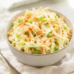 Low Carb Coleslaw in einer Schüssel mit Weißkohl, Karotte und cremigem Dressing